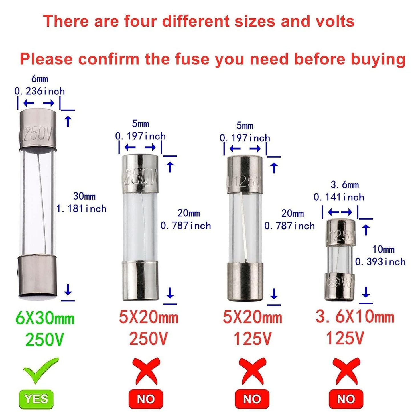 6 x 30 mm 0,24 x 1,18 Zoll F0.5AL- F20AL 250 V flinke Glassicherungen, 20er-Pack 